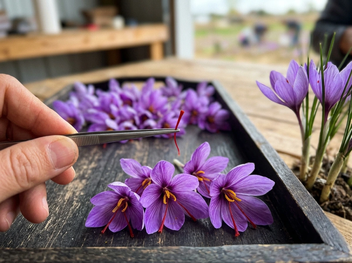 Harvesting fresh saffron stigmas from crocus flowers