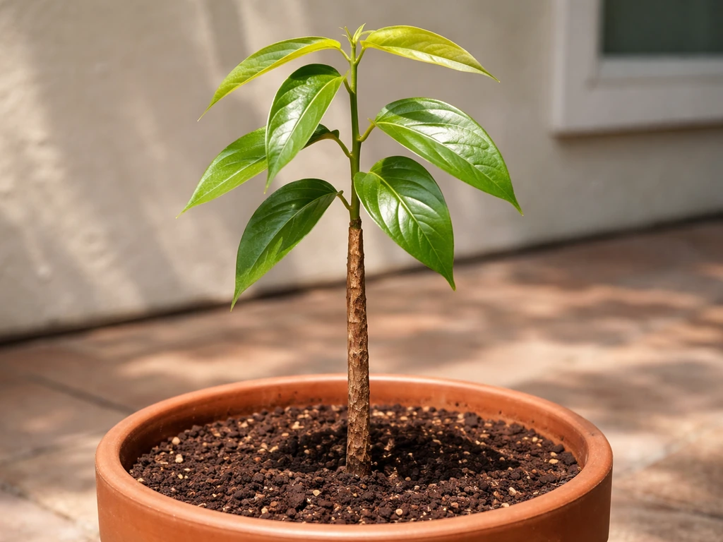 Cinnamon tree sapling in a clay pot on a sunny patio, showing fresh leaves and textured bark.