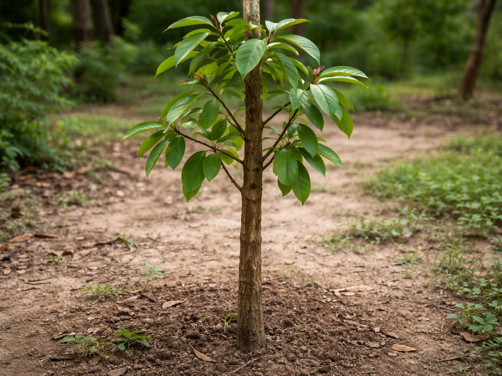 Young cinnamon tree with visible bark and upright trunk, showing it’s grown for bark not as a vine.