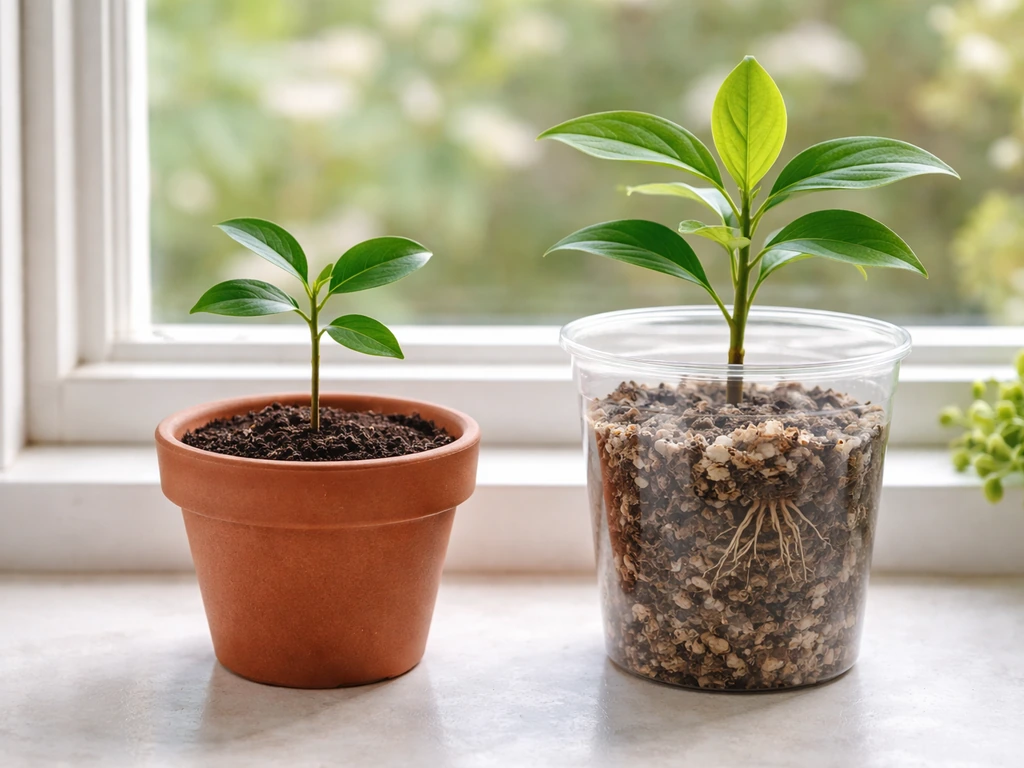 Close-up of two small cinnamon propagation setups: seedling in a pot and a cutting in rooting mix.