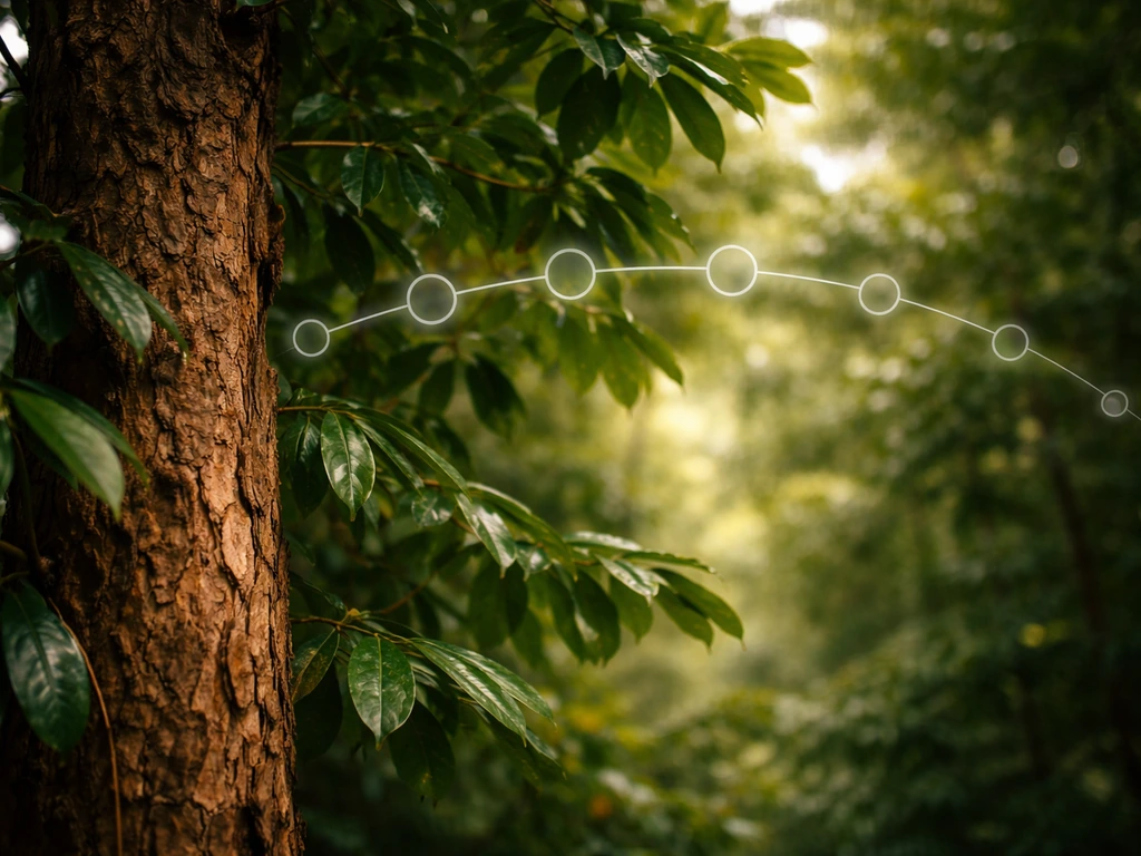 Close-up of cinnamon tree bark and leaves with a blurred backdrop, showing a slow time-to-harvest mood.