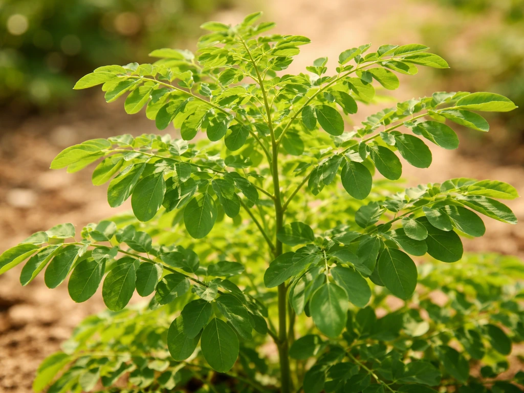 Close-up of a moringa plant thriving in warm sunlight with vibrant green leaves in a simple garden setting.