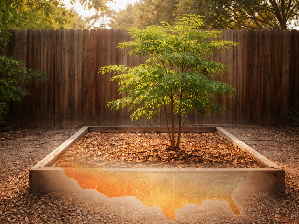 Moringa-like tree in a warm-climate garden with a subtle warm-zone map overlay glow.