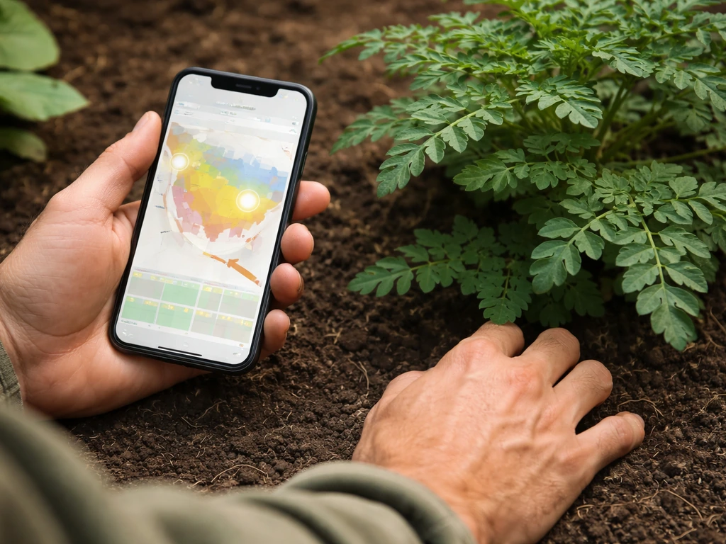 Gardener holds a phone while checking a USDA hardiness zone by zip code near a moringa plant.
