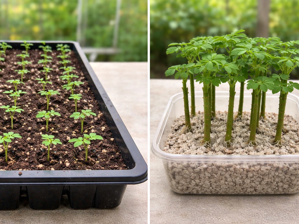 Moringa seedling tray beside rooted moringa cutting in rooting medium, shown in a simple greenhouse setup.