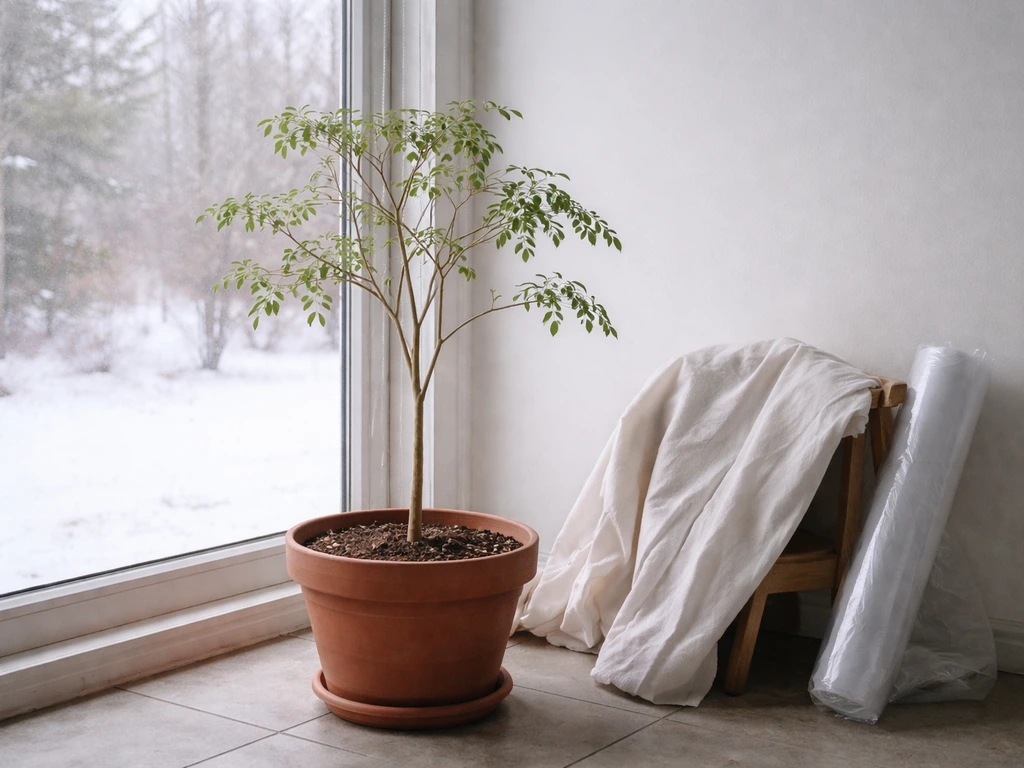 Potted moringa plant indoors near a bright window with frost protection items nearby for winter overwintering.