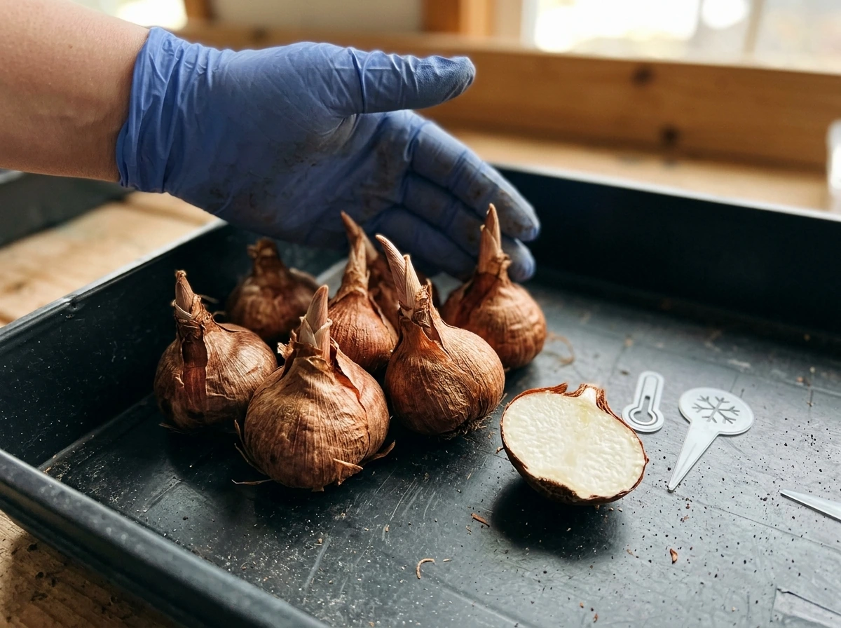 Close-up of saffron crocus corms showing storage organ structure and dormancy