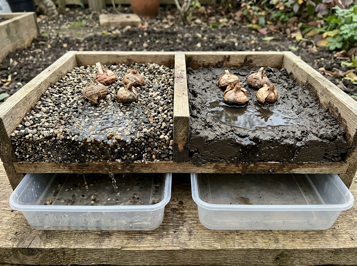 Soil drainage comparison showing water soaking fast versus pooling for saffron