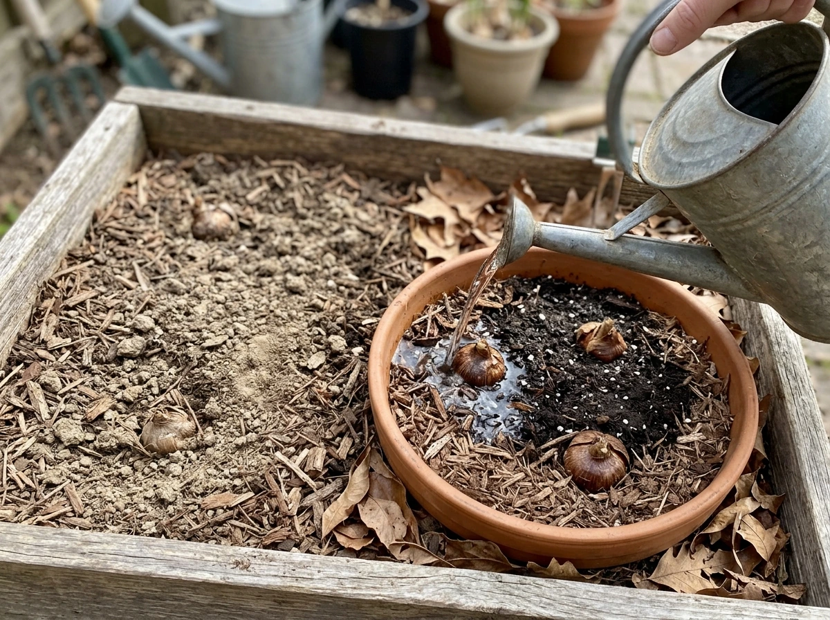 Careful watering right after planting, before saffron foliage emerges