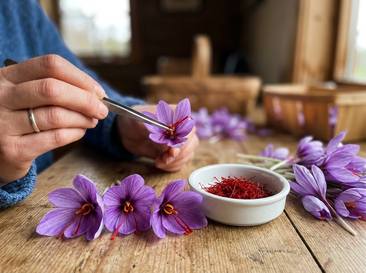 Harvesting saffron stigmas from crocus flowers into a small dish