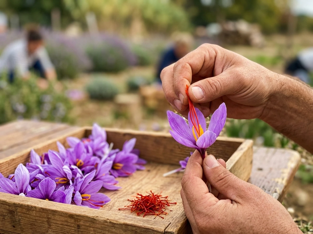 Harvesting saffron stigmas by hand from freshly opened crocus flowers