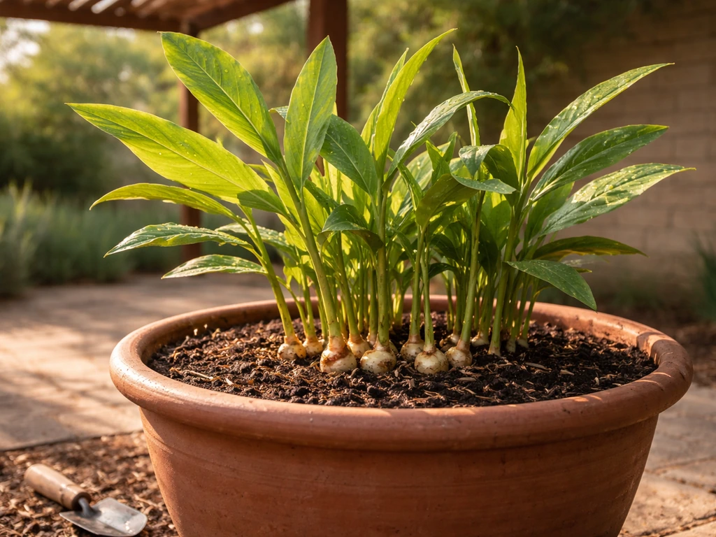 Ginger plant thriving in a shaded Texas patio container, with warm sunlight and healthy green leaves.