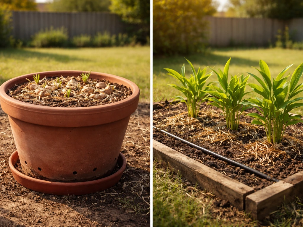 Split view of ginger in a drainage container versus ginger planted in-ground in a sunny Texas yard.