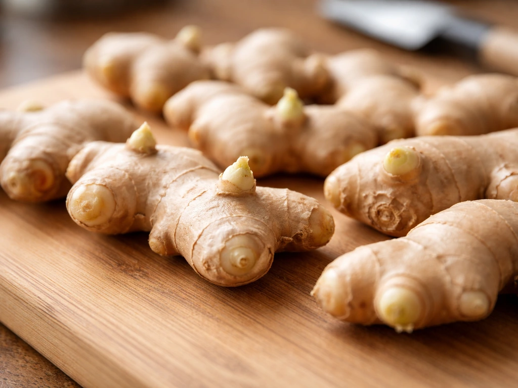 Close-up of firm ginger rhizome pieces with swollen buds on a cutting board, ready for planting.