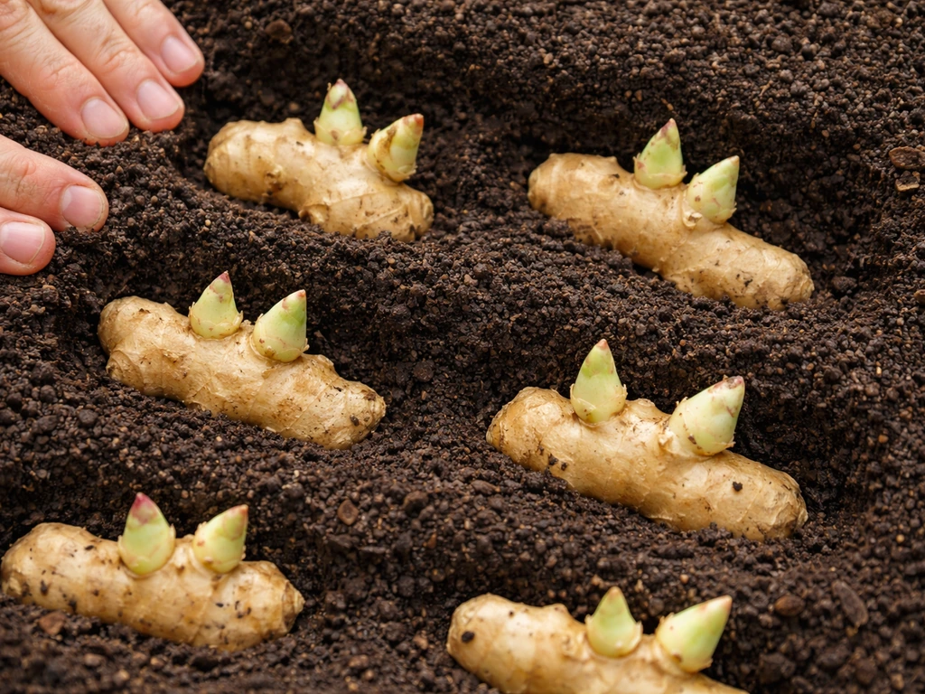 Overhead view of ginger rhizome pieces set into soil about 1 inch deep with buds pointing upward