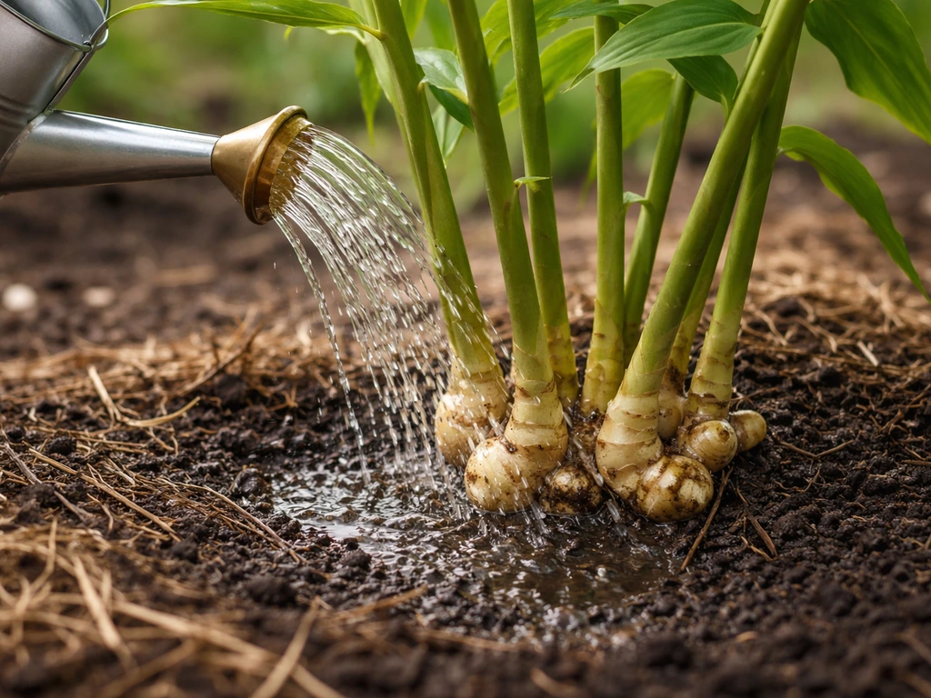 Small watering can gently watering mulch around established ginger plant, soil evenly moist, no pooling.
