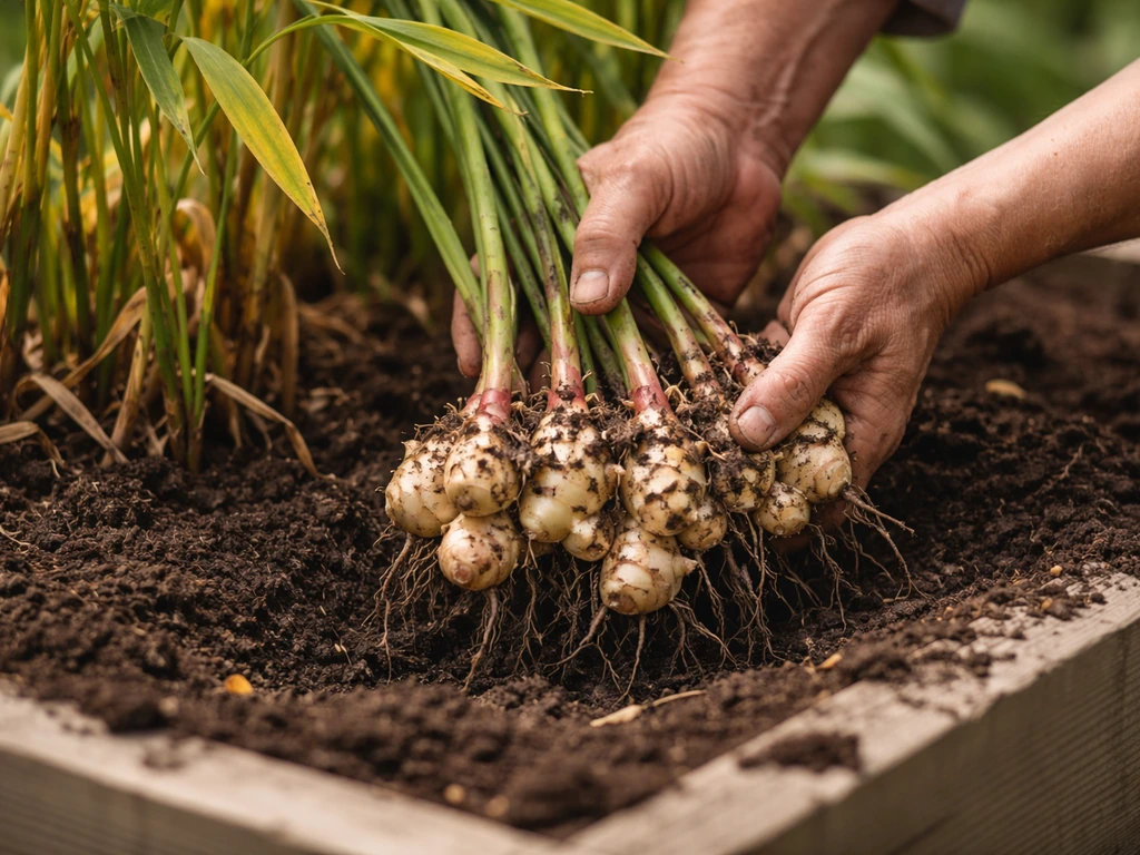 Hands lifting mature ginger rhizomes from a raised bed as yellowing foliage dies back.