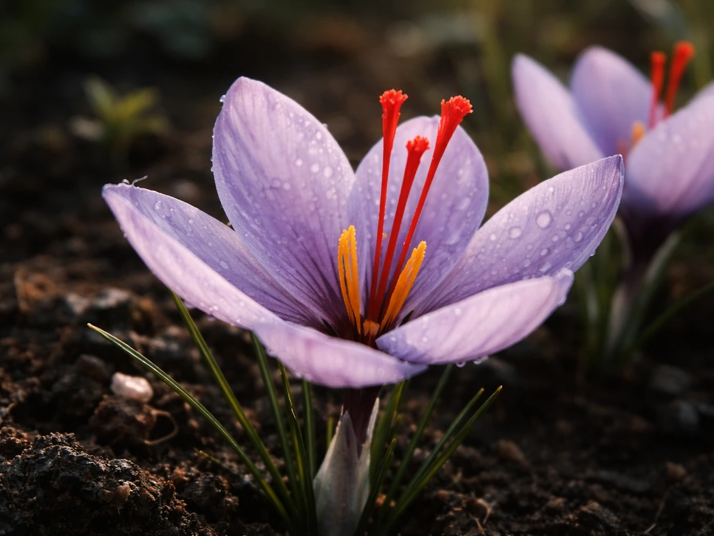 Close-up saffron crocus flowers with red stigmas on a moody garden background, suggesting harvesting in cold climates.