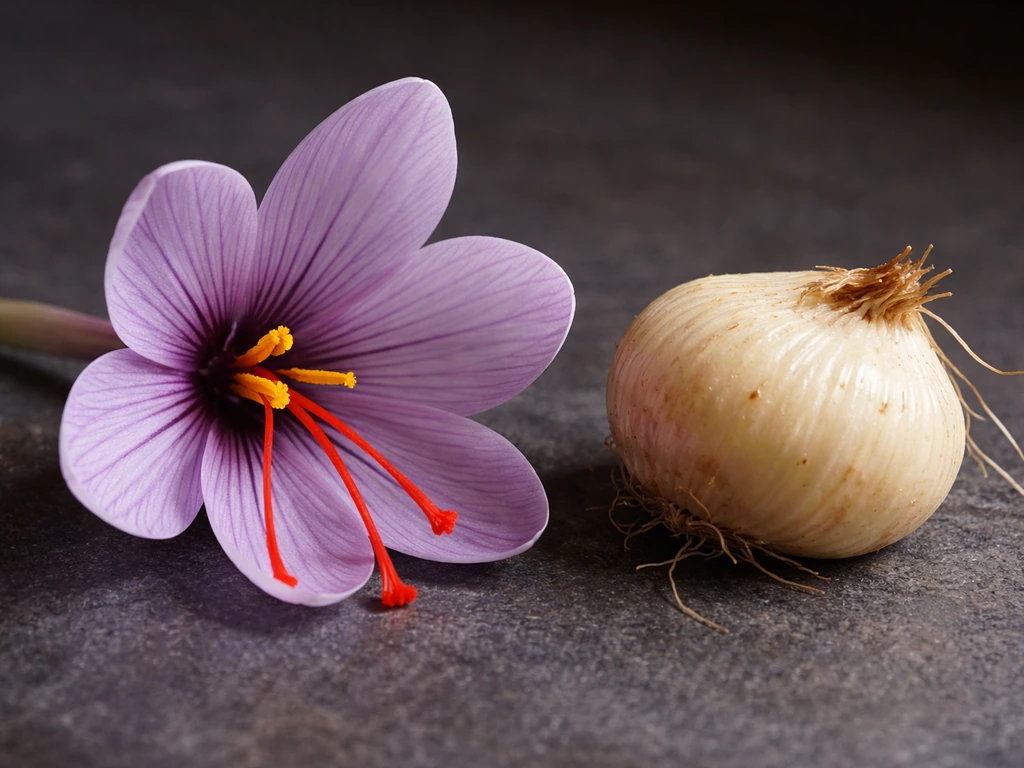 Close-up of Crocus sativus flowers showing three dried stigmas next to a crocus corm on dark stone.