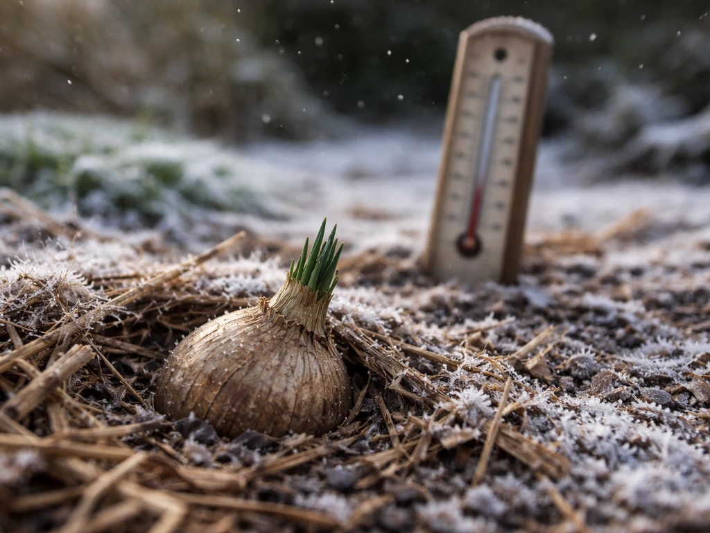 Close-up of a saffron corm under mulch with frosty soil and an outdoor thermometer in winter light.