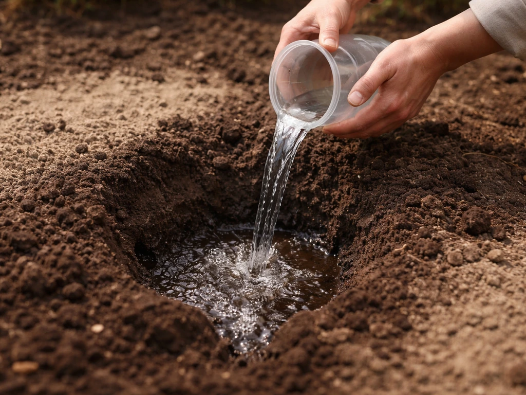 Hands pour water into a planting hole; it quickly drains through loose, well-draining soil.