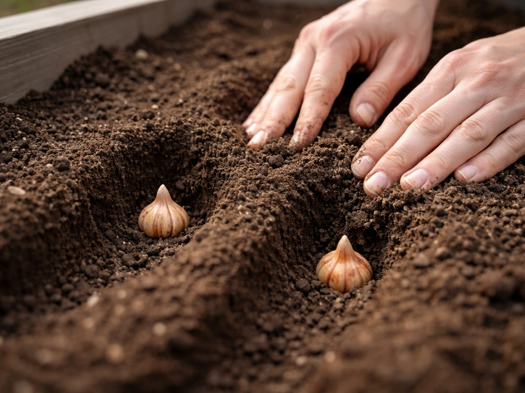 Hands placing small corms into a shallow well in loose soil at 5–6 inches depth with spacing visible