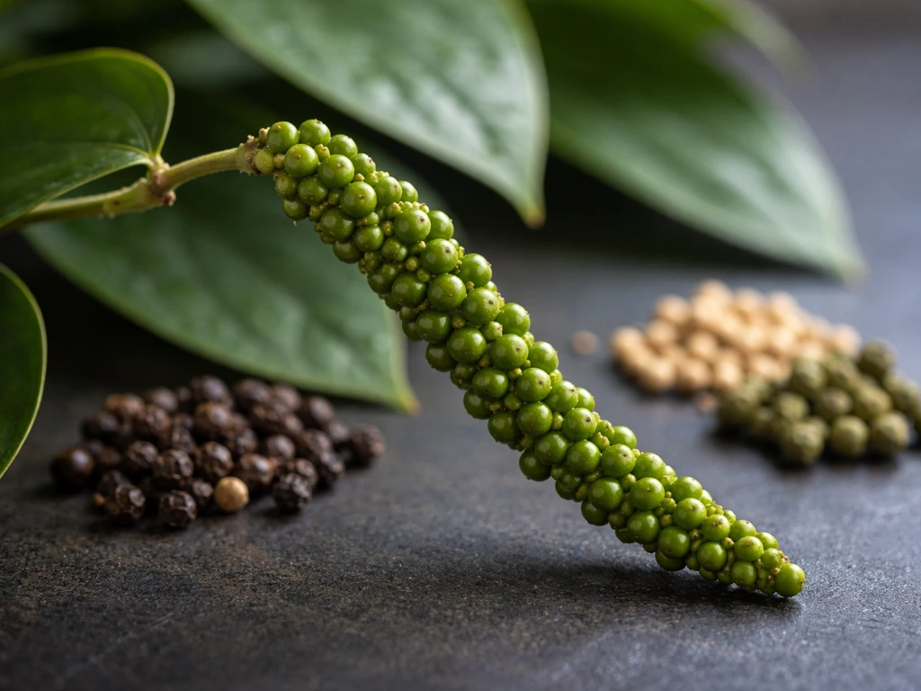 Close-up of Piper nigrum pepper vine with green developing berries on a spike