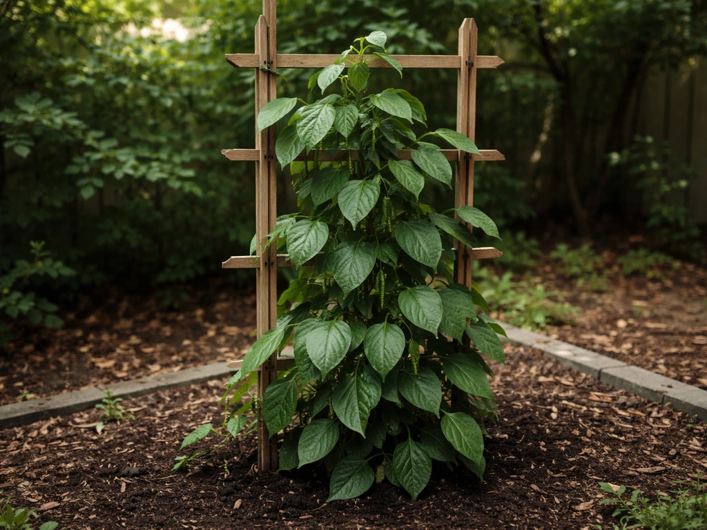 In-ground pepper plant climbing a simple support in a sheltered yard with filtered shade.