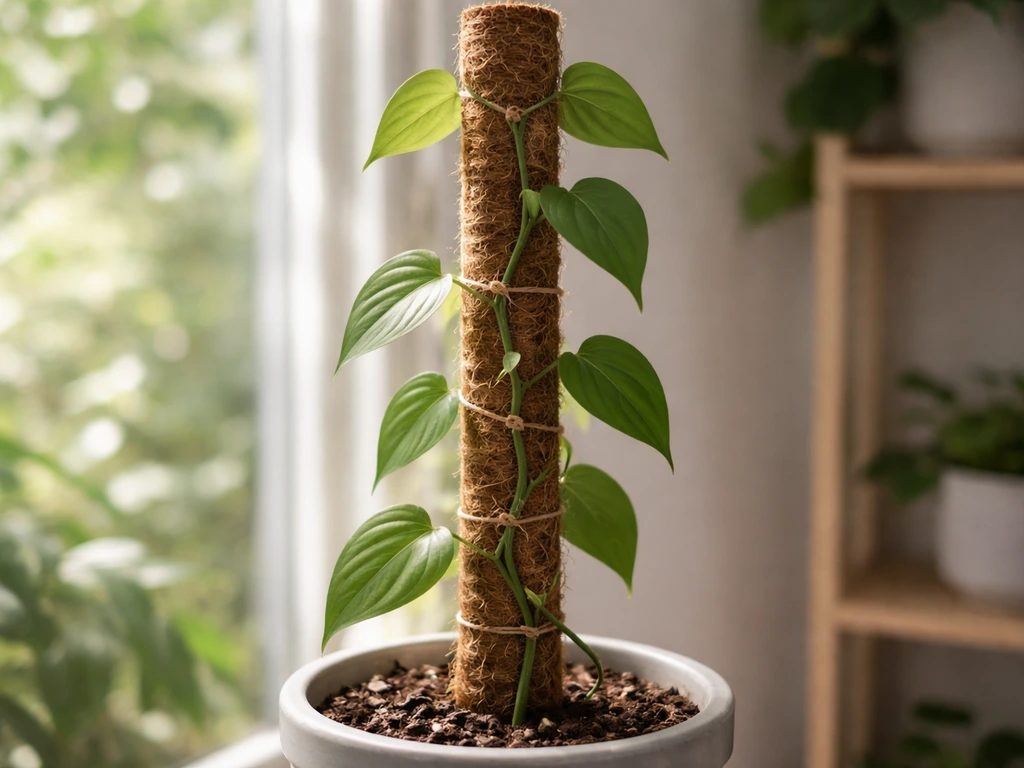 Pepper vine tied to a moss pole in a container, leaves in bright filtered light indoors.