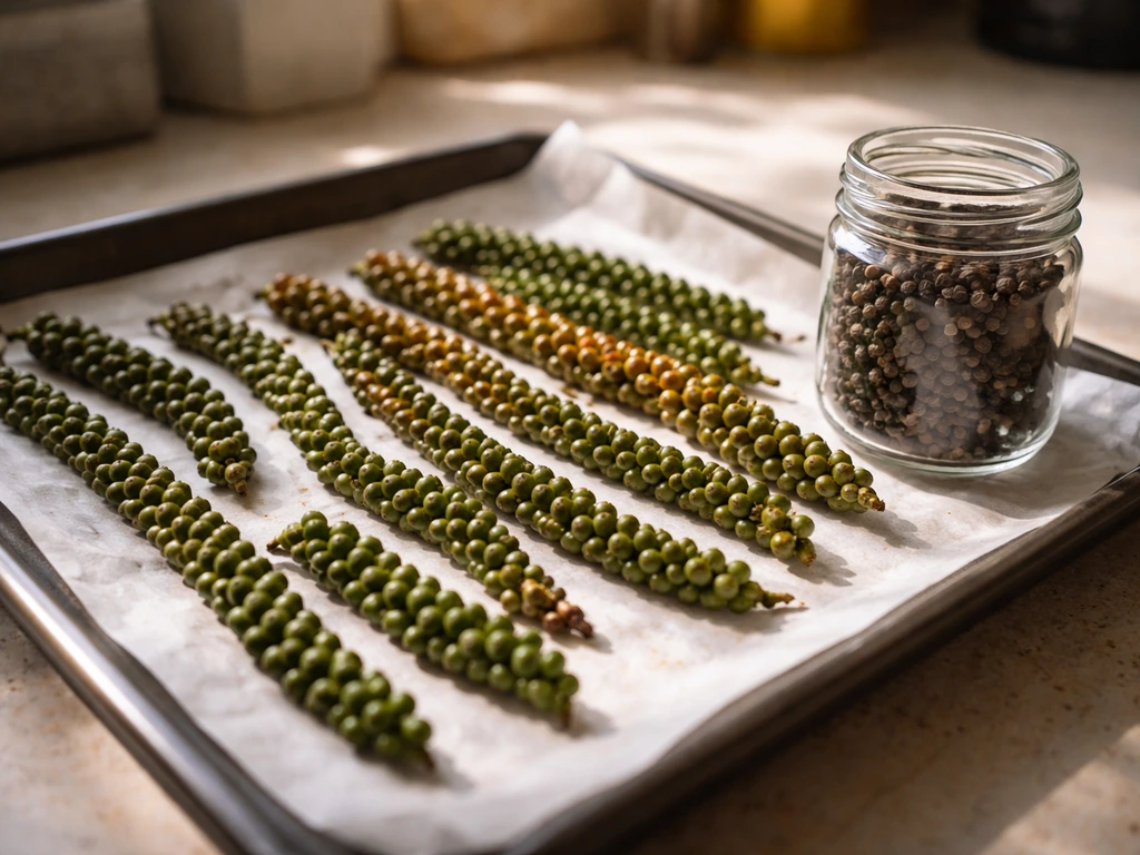 Peppercorn spikes drying on paper beside a sealed jar of dried peppercorns on a kitchen counter.