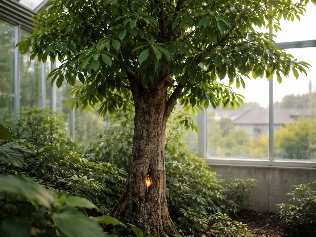 Healthy Aquilaria tree in a warm greenhouse with subtle amber resin glow and a glimpse of the USA outside.