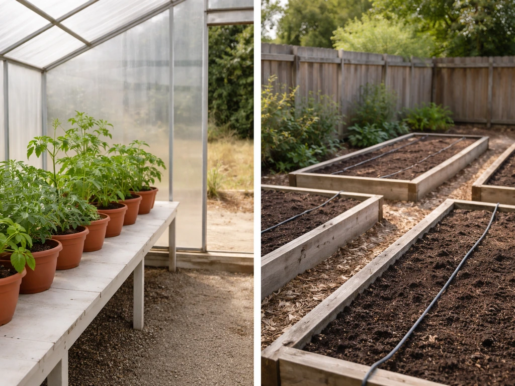 Minimal photo of a greenhouse beside raised outdoor beds, suggesting indoor vs outdoor growing for warm zones
