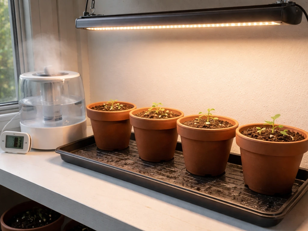 Indoor greenhouse bench setup with grow light, thermometer/hygrometer, humidity device, and well-draining pots.