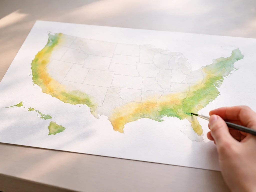 Minimal map-like photo of shaded US coastal islands and humid regions suggesting kava-suitable warmth and rainfall