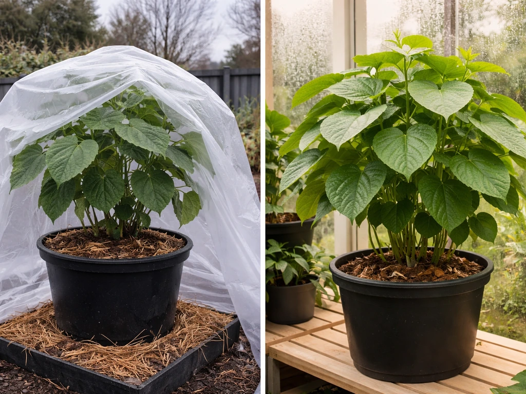 Split view: kava plant in a covered outdoor container vs thriving kava in a bright indoor greenhouse.