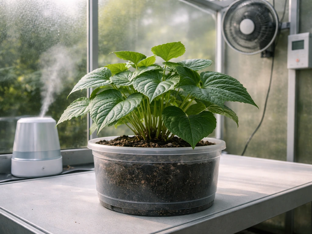 Kava plant in a large container inside a small heated greenhouse with humidifier and fan in view.