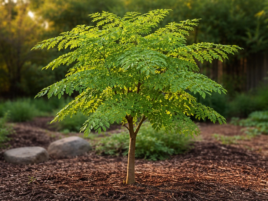 Small moringa tree thriving in a warm, frost-free backyard garden with lush green leaves and visible branches