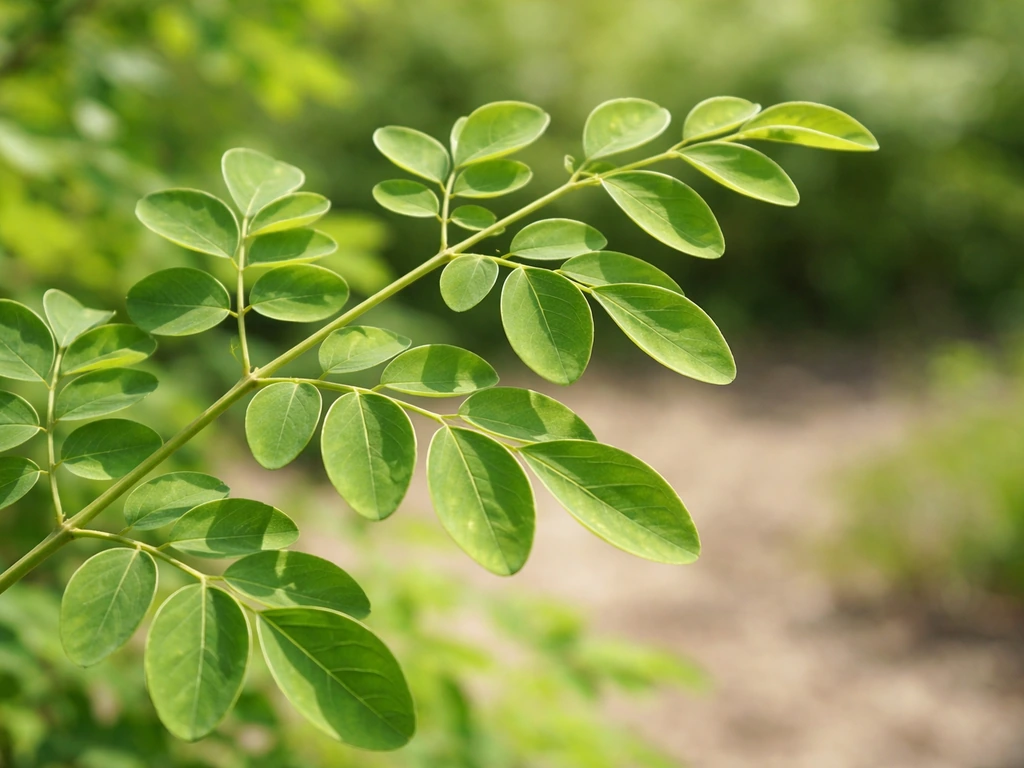 Close-up moringa leaves in bright direct sunlight with strong highlights and minimal shadow