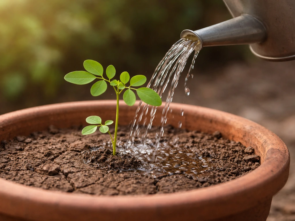 A watering can pours a small amount onto dry soil around a small moringa seedling, not oversaturated.