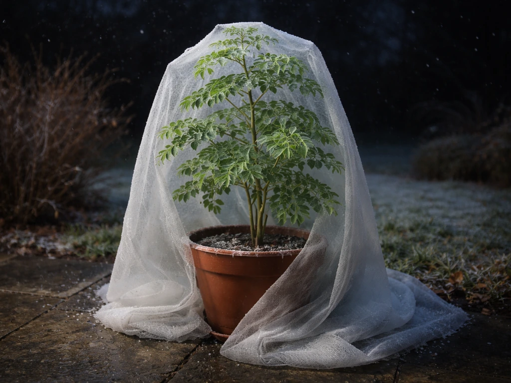 Potted moringa outdoors under a frost blanket as cold night air settles in the background.