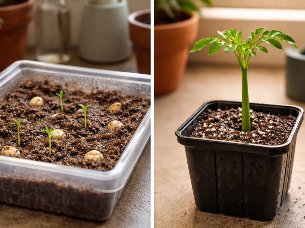 Moringa seeds germinating in a small setup beside a moringa cutting rooted in moist medium