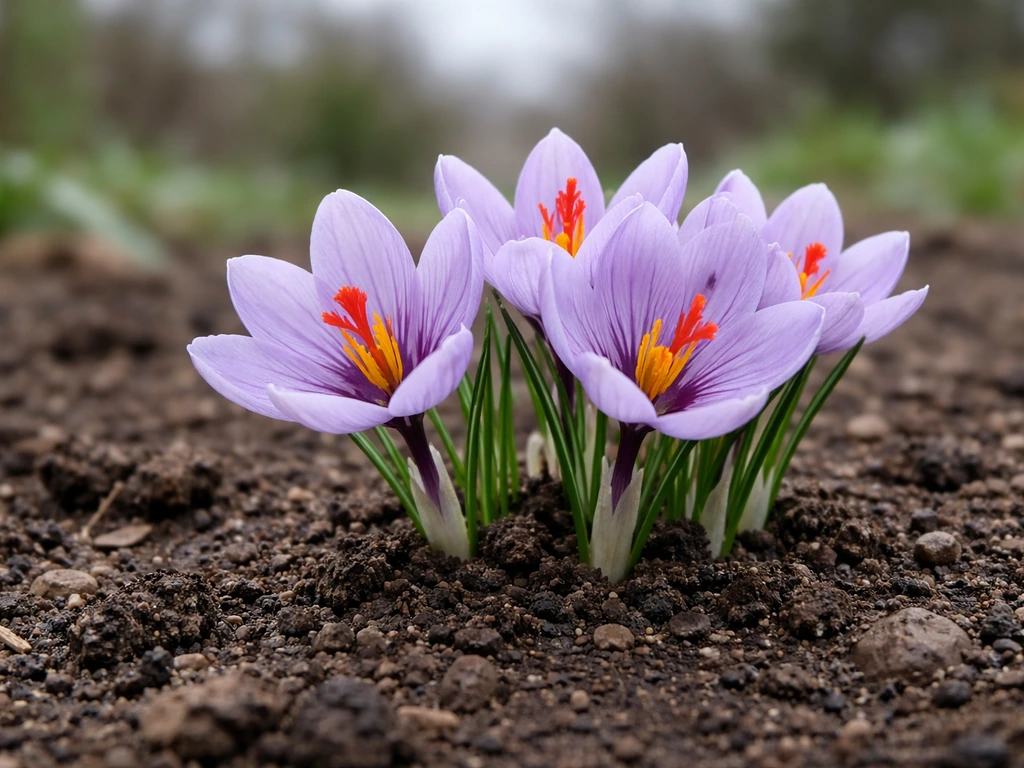 Close-up of saffron crocus blooms emerging from rich dark soil in a cool-season garden.