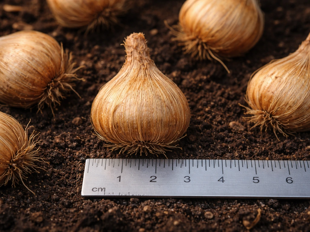 Close-up of saffron corms in papery tunics with a ruler showing their size on dark soil.