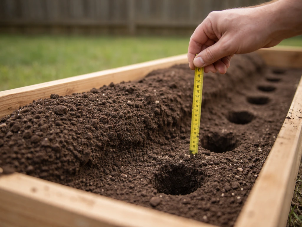 Raised garden bed with measuring tape confirming soil depth and planting row ready for corms.