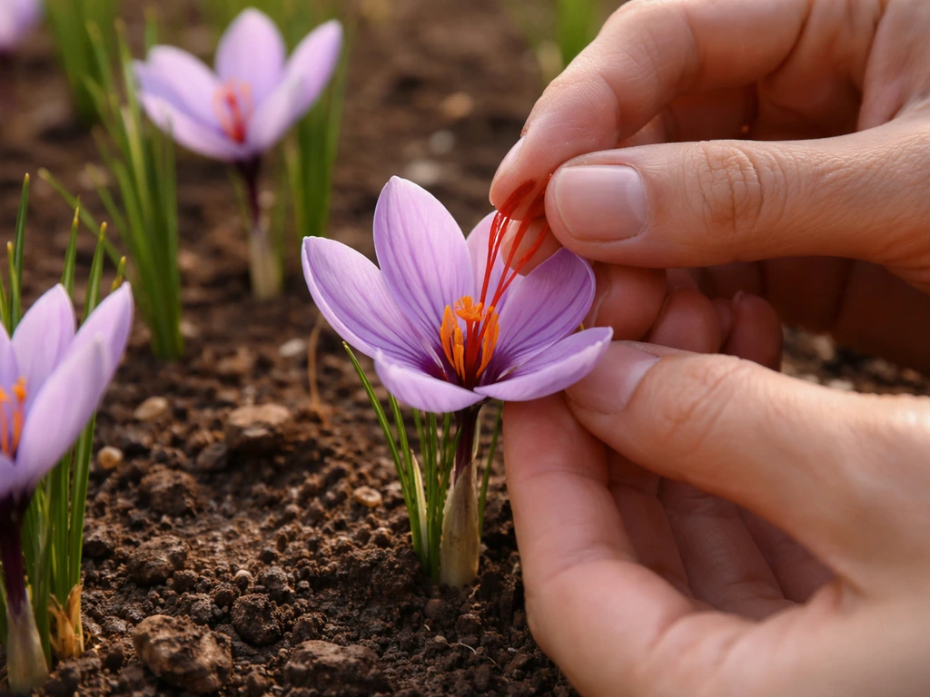 Close-up of saffron crocus flowers as red stigmas are carefully picked by hand in morning light.