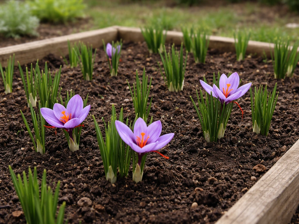 Saffron crocus flowers blooming in a small in-ground garden bed in Michigan soil