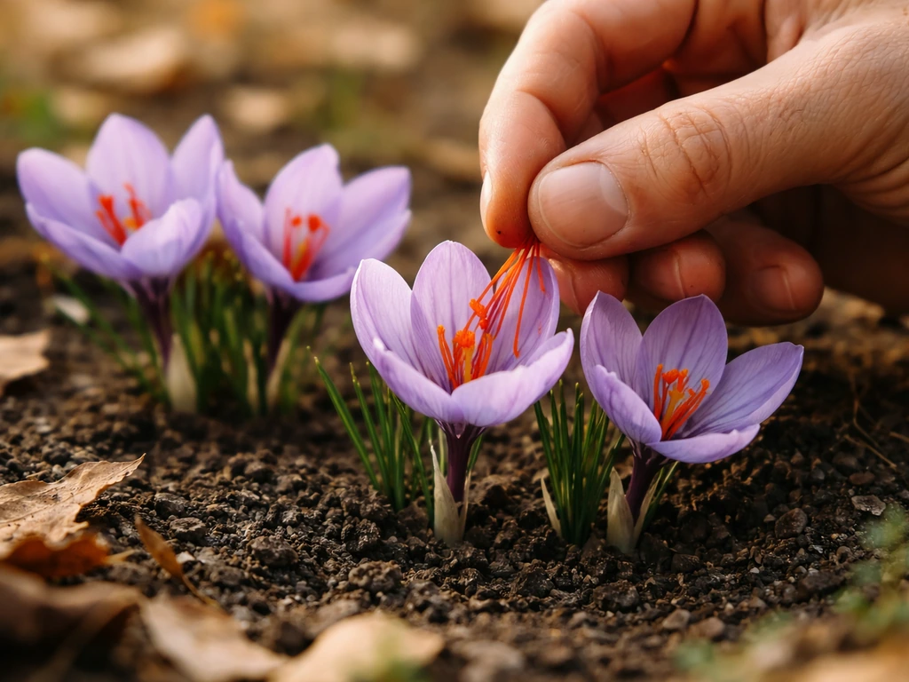 Close-up of saffron crocus flowers in autumn light, red stigmas being gently picked by hand