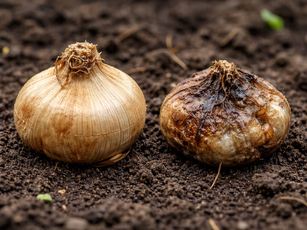 Close-up of healthy and rotting corms side-by-side on damp soil, soft mushy rot visible on one.
