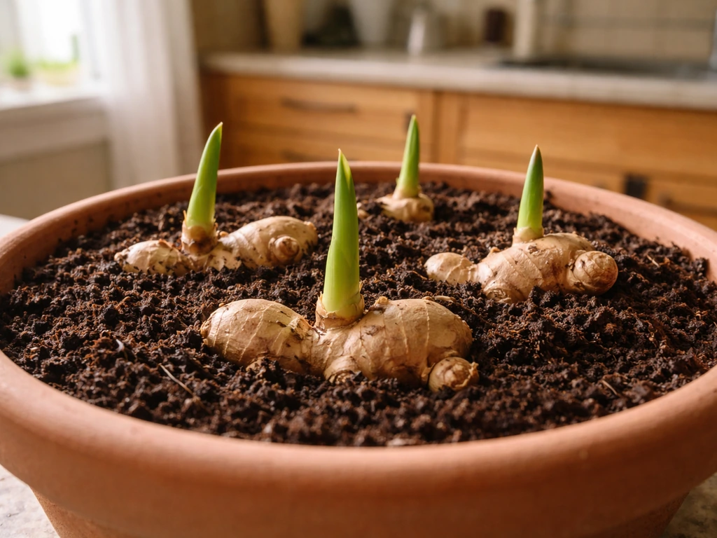 Warm container-grown ginger with fresh shoots emerging on a kitchen windowsill