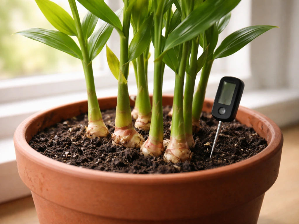 Lush ginger shoots in a pot beside a soil thermometer in warm indoor light.